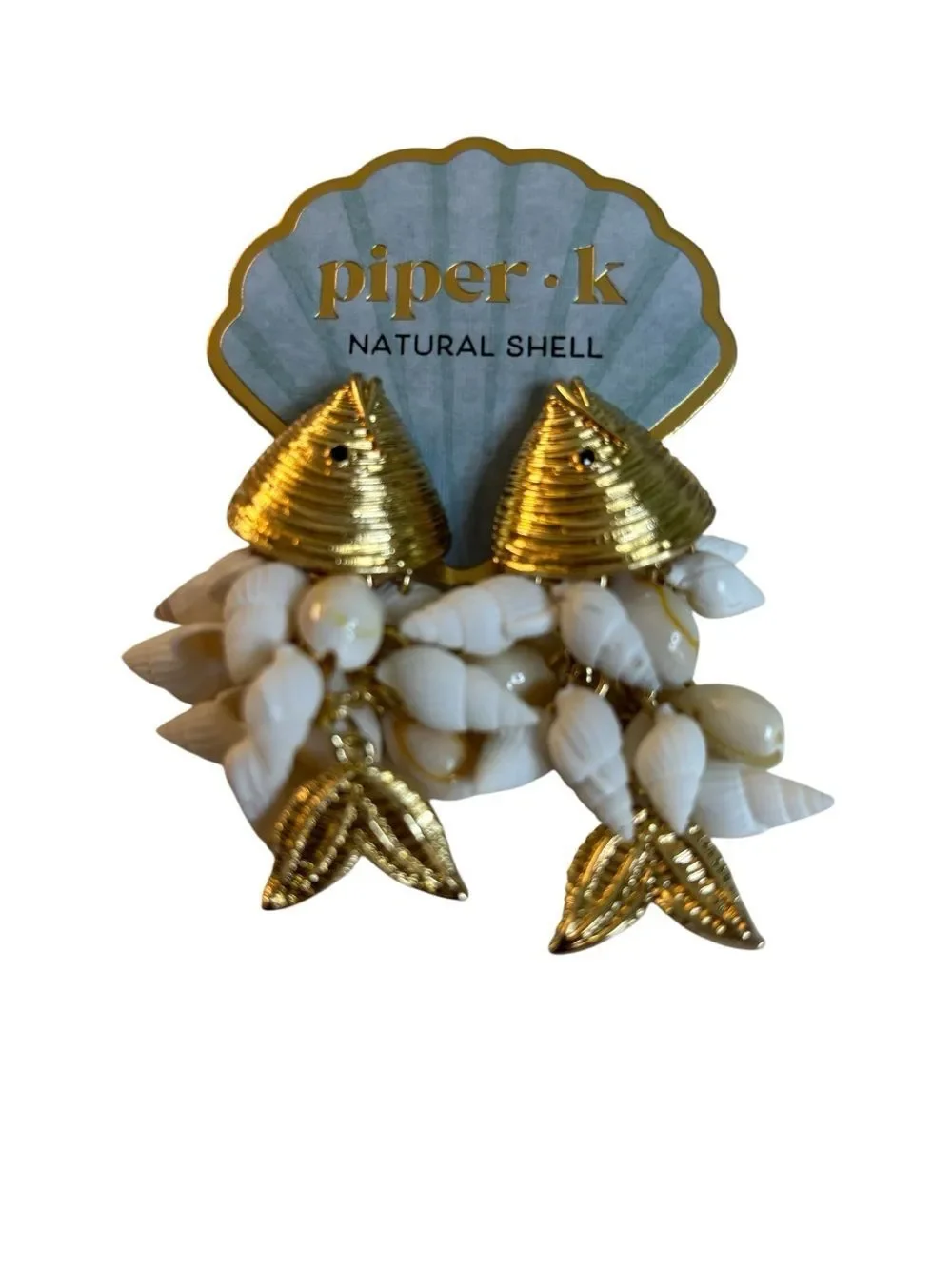 Piper k Gold Tone Fish Head Dangle Natural Shell Drop Earrings.
